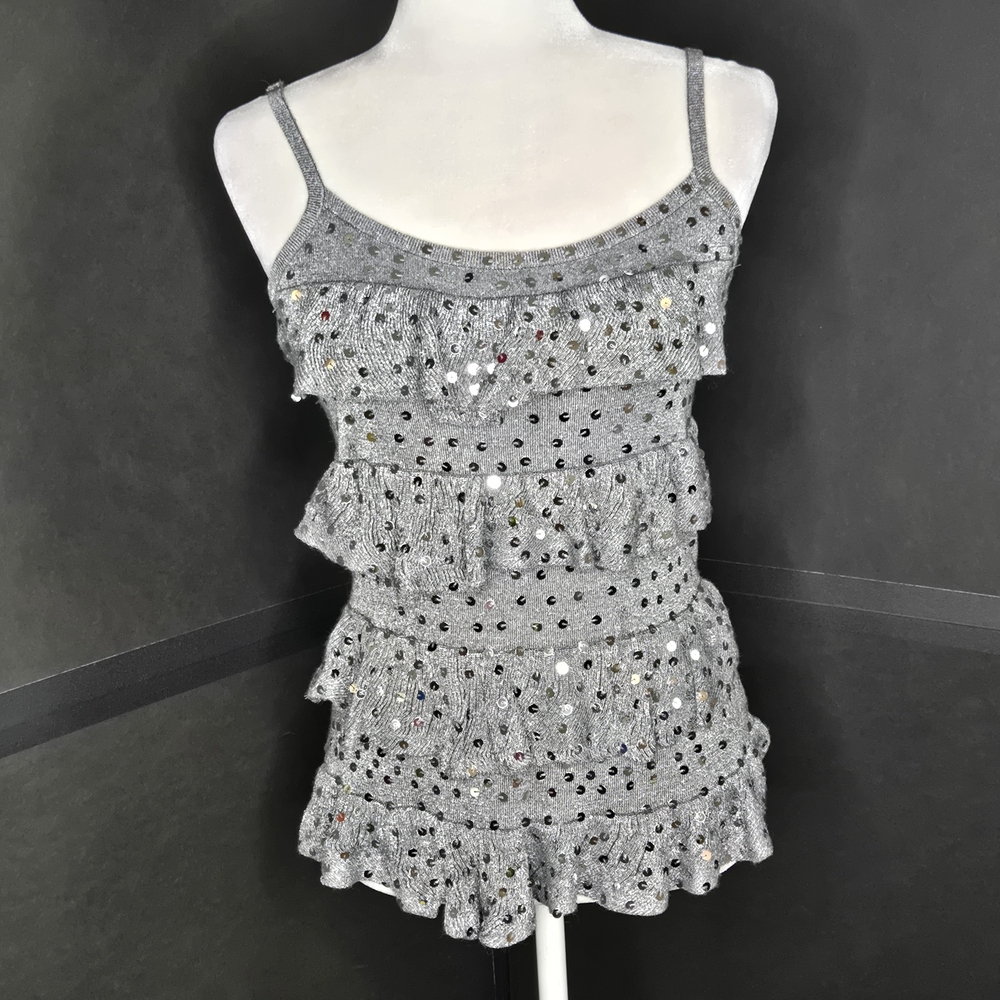 INC International Concepts EUC Metallic Ruffle Sweater Sequin Top XS Silver